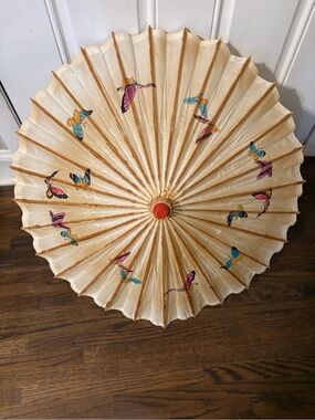 Hand-Painted Beige Paper Parasol with Butterfly Accents